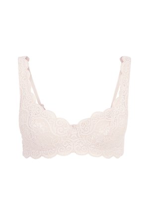 Delicate light pink lace bra with scalloped edges, adjustable straps, and floral pattern detailing.