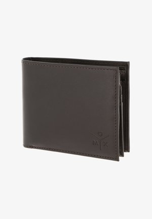 Dark brown leather bifold wallet with stitched edges and a small embossed logo on the lower right corner, angled slightly open.