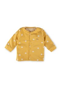 Gelbes Langarmhemd mit weißen Kronenmuster, Knopfverschluss und gestreiftem Innenkragen. Hergestellt aus weichem Baumwollstoff.