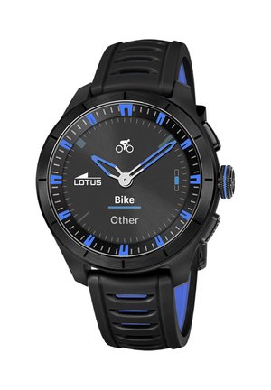 Black and blue Lotus smartwatch showing cycling mode with analog-style hands, bike icon, and sporty perforated strap.