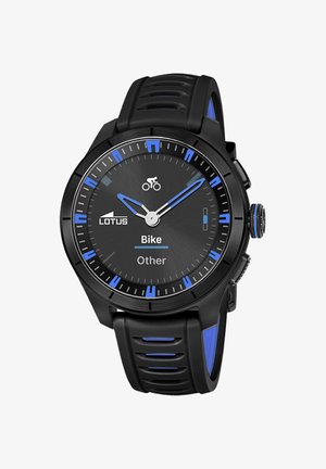 Czarny i niebieski smartwatch Lotus pokazujący tryb jazdy na rowerze z analogowymi wskazówkami, ikoną roweru i sportowym, perforowanym paskiem.