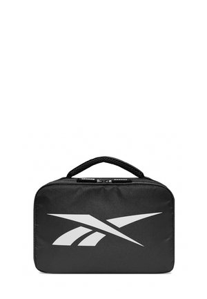 Piccola borsa da toilette rettangolare nera con manico, chiusura con cerniera e grande logo stilizzato bianco sul davanti.