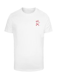 T-shirt en coton blanc avec un petit graphique rouge d'un personnage de dessin animé en position de course sur le côté gauche de la poitrine. Manches courtes.