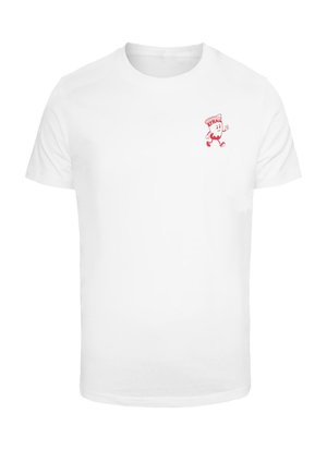 Weißes Baumwoll-T-Shirt mit einem kleinen roten Grafik eines Cartoon-Charakters in einer Laufpose im linken Brustbereich. Kurze Ärmel.