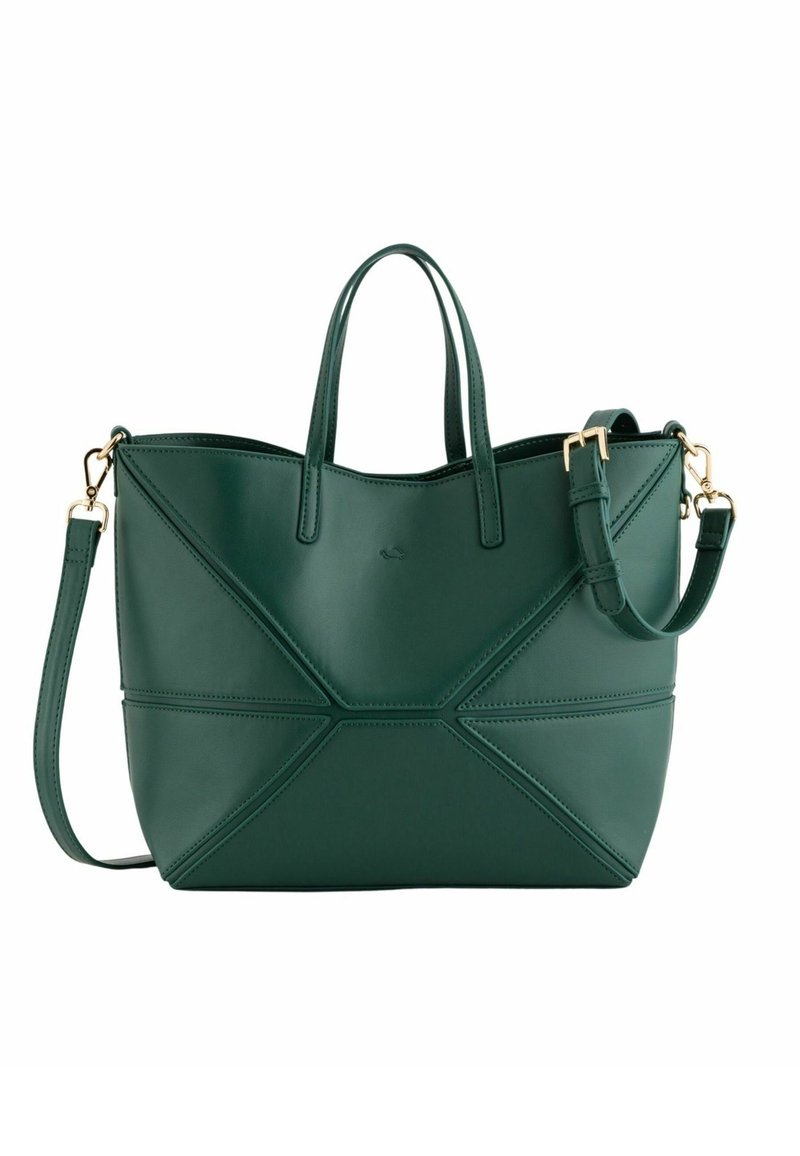 Sac à main en cuir vert avec surpiqûres géométriques, deux poignées courtes et une bandoulière amovible avec des éléments dorés.
