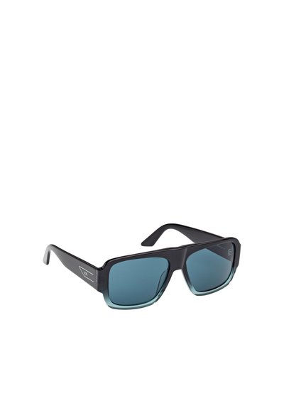 Čtvercové sluneční brýle s černými plastovými rámy a přechodovými čočkami v barvě modrozelené, které se vyznačují elegantním designem a jemnými detaily po stranách.