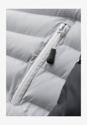 Chaqueta de plumas gris claro con secciones cosidas, que presenta una cremallera blanca y un tirador negro. La tela parece lisa y brillante.