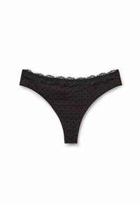 String noir avec motif à pois, dentelle au niveau de la taille, tissu doux et texture lisse. Design classique avec des détails délicats.
