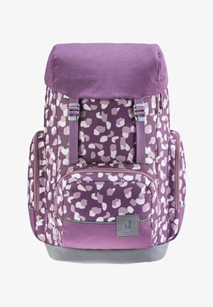 Sac à dos violet avec un tissu texturé, un motif abstrait rose clair, des bretelles réglables, deux poches latérales et un panneau inférieur gris.