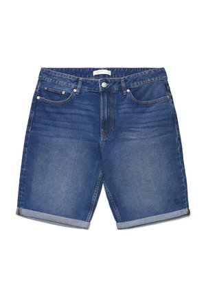 Shorts in denim blu con orlo arrotolato, tasche anteriori, passanti per cintura e chiusura con bottone, distesi su uno sfondo bianco.