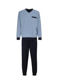 Blue patterned long-sleeve top with V-neck and chest pocket, paired with solid navy elastic-waist pants. Soft fabric with ribbed cuffs.