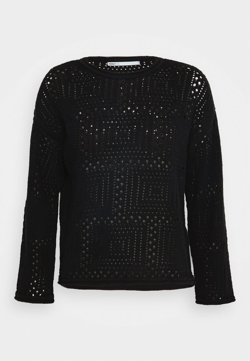 Pull noir à manches longues en crochet avec motif ajouré géométrique et encolure ronde, présenté sur un fond clair uni.