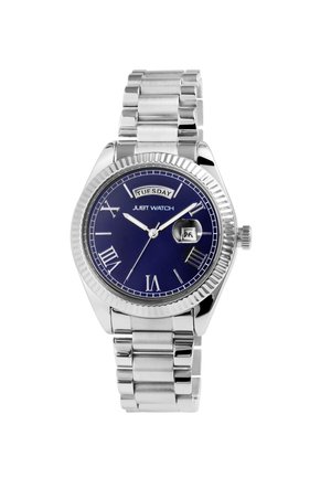 Silver stainless steel watch with a blue dial, Roman numeral markers, date display, and a textured bezel. Features a link bracelet design.