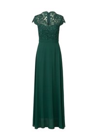 Maxi dress verde smeraldo con corpetto in pizzo, maniche corte e gonna fluida. Tessuto morbido con dettagli in pizzo floreale sulla parte superiore.