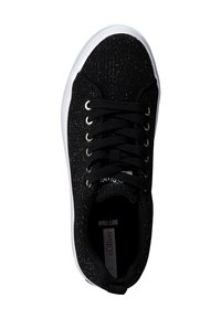 Black sneaker with white sole, black laces, and subtle gold speckles, viewed from above.