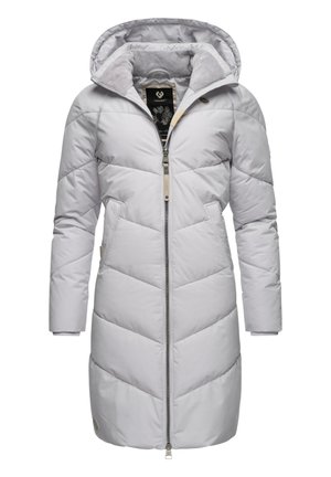 Light gray puffer coat with a hood, featuring a zippered closure, chevron stitching, and front pockets. Soft inner lining and logo detail.
