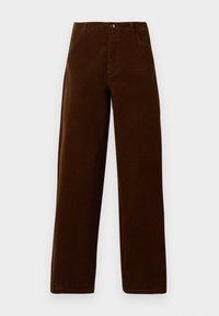 Bruine corduroy rechte pijpenbroek met zijzakken, riemlussen en knoopsluiting op een witte achtergrond.