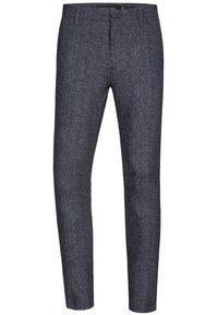 Pantalons en denim foncé avec une finition texturée, design à jambes droites et taille standard, dotés d'une fermeture à bouton à l'avant et de passants de ceinture.