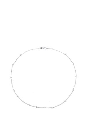 Silver chain necklace featuring delicate round metal beads and a lobster clasp. Cable design with alternating bead placements.