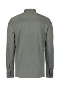 Langsleeve shirt in een gestructureerde donkergroene stof, met een puntkraag en knoopmanchetten. Achteraanzicht, met een rechte zoom.