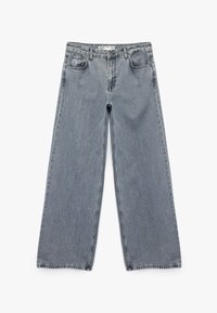 Graue weiter Jeans mit leichtem Denim-Material, fünf Taschen-Design, Knopfverschluss, Kontrastnähte und rohem Saumfinish.