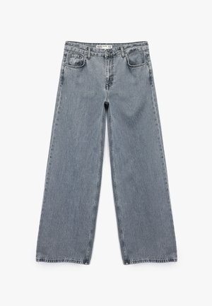 Graue weiter Jeans mit leichtem Denim-Material, fünf Taschen-Design, Knopfverschluss, Kontrastnähte und rohem Saumfinish.