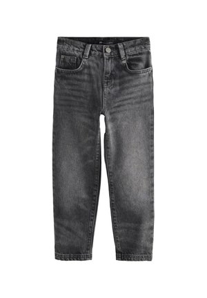 Sortvasket denimjeans med frontknap, bæltestropper og fem-lomme design, lagt fladt på en hvid baggrund.