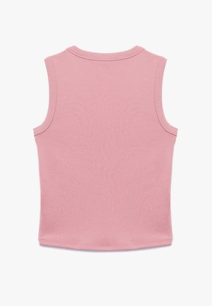 Fitted, mouwloos topje van lichtroze katoen, met een ronde halslijn en een gladde, zachte textuur. Geen zichtbare patronen of versieringen.