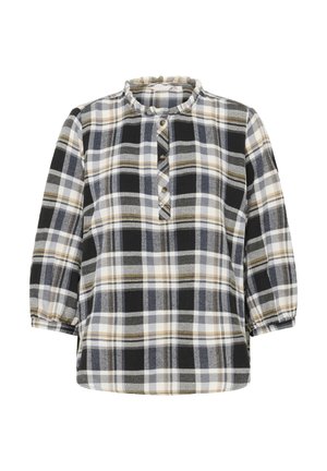 Cămașă din flanel în carouri, cu guler rotund, placket cu trei nasturi și mâneci bufante până la trei sferturi. Culorile includ negru, gri, alb și bej.