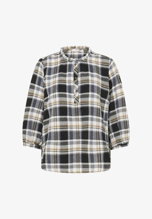 Gecoat flanellen overhemd met een ronde hals, drie-knopen sluiting en driekwart pofmouwen. Kleuren zijn zwart, grijs, wit en tan.