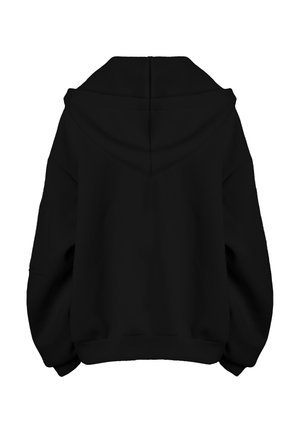 Sort oversized hættetrøje vist bagfra med en stor hætte, lange ærmer og ribstrikkede manchetter og kant.