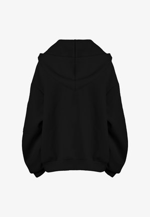 Sort oversized hættetrøje vist bagfra med en stor hætte, lange ærmer og ribstrikkede manchetter og kant.