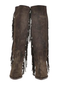 Stivali al ginocchio in suede marrone con dettagli in frange lungo i lati, con punta affilata e tacco a blocco.