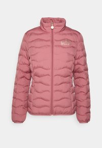 Připomínkovaná bunda světle růžové barvy, se stojacím límcem, předním zipem a vlnitým prošíváním. Logo na levé části hrudi.