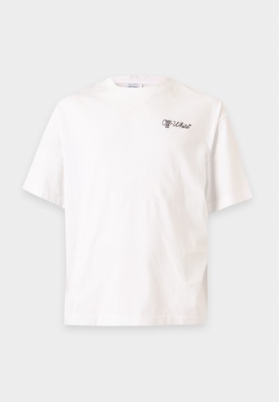 T-shirt blanc à manches courtes avec le logo noir "Off-White" sur la poitrine gauche, col rond et design épuré.