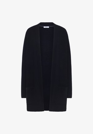 Marineblauer Strickcardigan mit langen Ärmeln, offenem Vorderteil und zwei vorderen Taschen. Rippstruktur über den gesamten Stoff. Einfaches, ungeschmücktes Design.