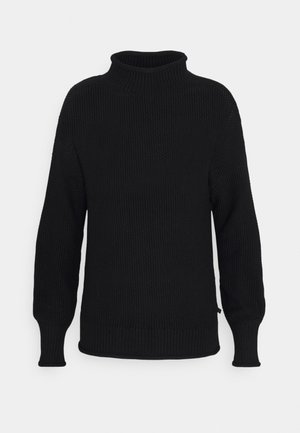 Maglione nero a collo alto in maglia con maniche lunghe, polsini e orlo ribattuti. Tessuto testurizzato con una vestibilità comoda e dettagli a cucitura laterale.