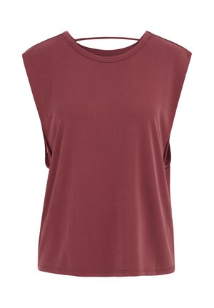 Ujjatlan sötét mályva felső kerek nyakkivágással és széles váll kialakítással, puha, sima anyagból.