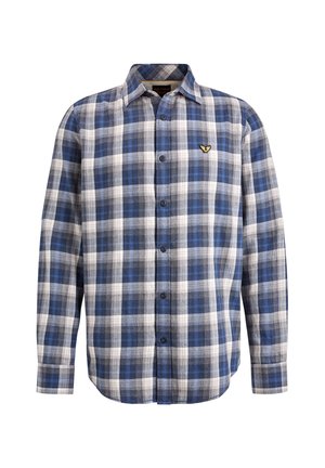 Blue and white plaid flannel shirt with long sleeves, button-up front, and a small emblem on the left chest. Soft texture, casual design.