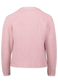 Rosa stickad tröja med en texturerad, mysig tyg. Har ribbade ärmslut och nederdel samt en rund halsringning; raglanärmdesignen förbättrar passformen.