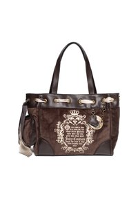 Brown suede handbag with brown leather trim, featuring decorative text and a gold-tone charm. Includes two handles and ribbon accents.