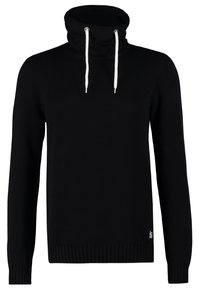 Pull noir à manches longues avec col entonnoir haut et cordons blancs, poignets et bas côtelés.