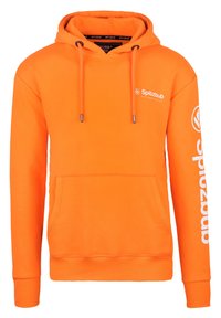 Oranje pullover hoodie met een voorzak, trekkoord capuchon, bedrukte logo's op de borst en mouw, gemaakt van zachte stof.
