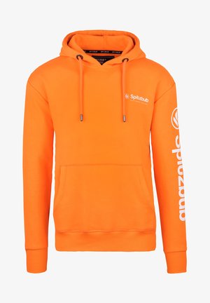 Oranger Pullover-Hoodie mit einer Vordertasche, Kapuze mit Kordelzug, bedruckten Logos auf der Brust und dem Ärmel, aus weichem Stoff hergestellt.