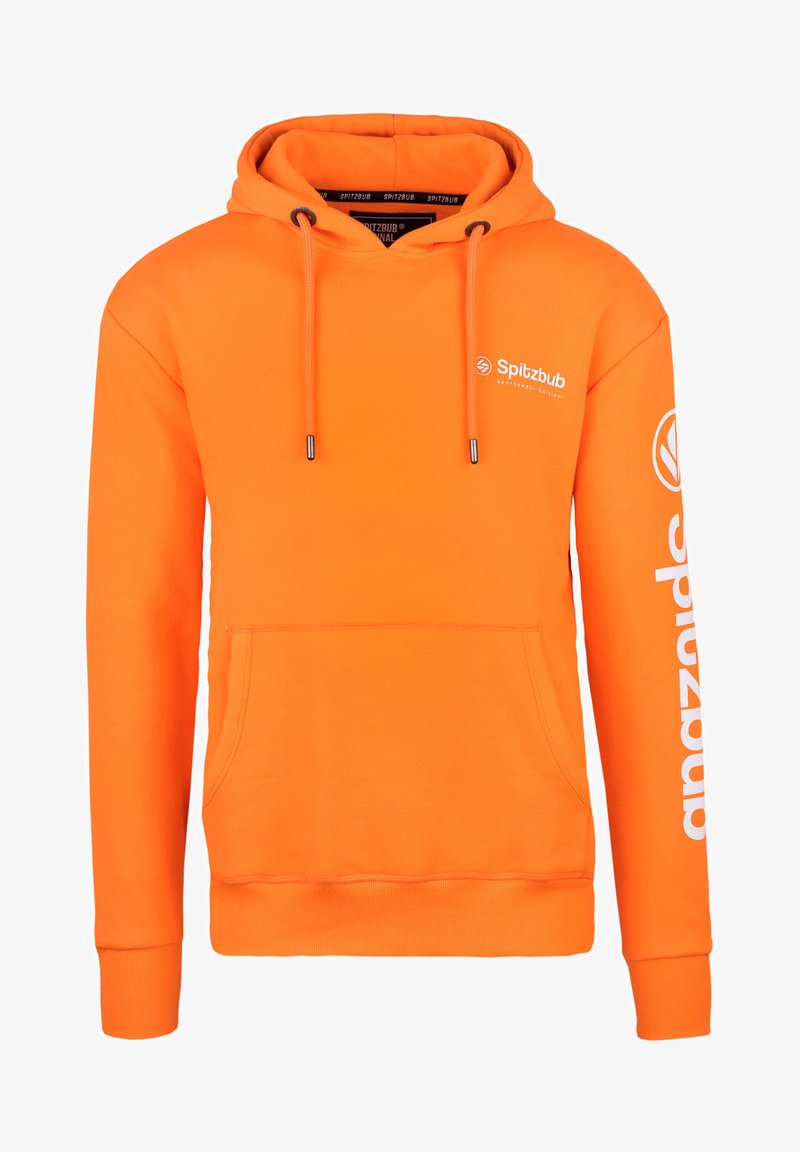 Oranje pullover hoodie met een voorzak, trekkoord capuchon, bedrukte logo's op de borst en mouw, gemaakt van zachte stof.