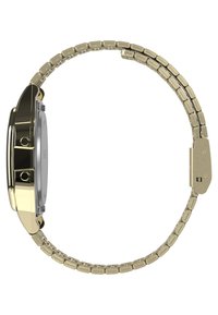 Reloj de metal dorado con un diseño de brazalete eslabonado. Presenta una caja redonda, un bisel liso y un dial minimalista. Cierre de hebilla visible.