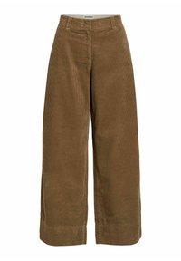 Lichtbruine corduroy brede broek met hoge taille, voorzien van een verticale ribbelstructuur en een nette zoom. Het label leest "ROUGE EDIT."
