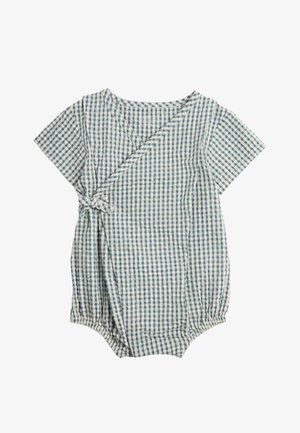 Tutina per bambini a maniche corte con motivo a quadretti blu e bianchi, chiusura incrociata sul davanti e laccio laterale.