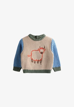 Gruby sweter z dzianiny z beżowym tułowiem, niebieskimi rękawami, zielonym kołnierzem i dołem, z czerwonobrązowym wzorem krowy na przodzie.