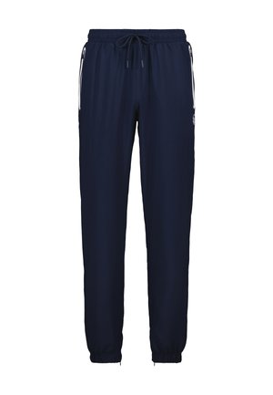 Marineblauwe sweatpants met een elastische tailleband, trekkoord en taps toelopende boorden. Bevat witte zijstrepen en een klein logo op het linkerbeen.